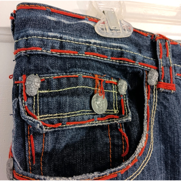 Vintage Y2K Bootcut Jeans 36 x 34 Skull Thick Stitch Embroidered Fading Whiskers - Picture 7 of 14